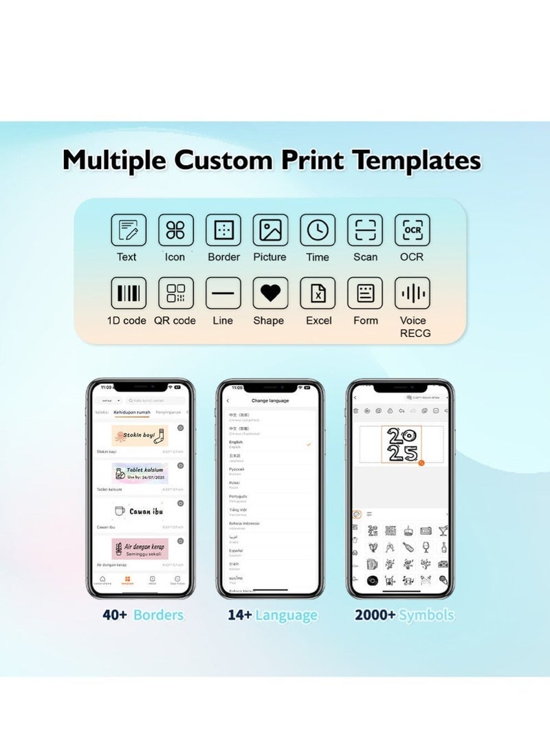 آيين طابعة ملصقات محمولة بتقنية البلوتوث، طابعة ملصقات حرارية صغيرة مطورة مع تطبيق وقوالب جاهزة | عرض طباعة 15 مم لتنظيم المنزل والمطبخ والمكتب | تتضمن لفة واحدة (125 ورقة) من ورق الملصقات الأبيض مقاس 15*40 مم - Image 2